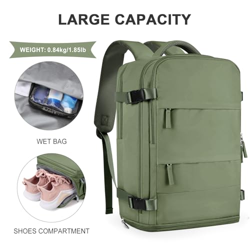 Image of coowoz Large Travel Backpack For Women Men,Carry On Backpack Flight Approved,Hiking Backpacks Waterproof Outdoor Rucksack Casual Daypack Travel Bag Essentials Personal Item Backpack(Gray Green)