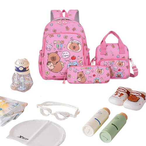 3Pcs Capybara Backpack with & Shoulder Bag Nylon Bookbag (Rose Red)2