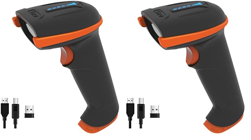 Tera Lector de Código de Barras Portátil Inalámbrico 1D Láser Inalámbrico y con Cable USB Indicador de Nivel de Batería Extra Grande de 2000mAh, Modelo 5100, Naranja/Negro (Paquete de 2)