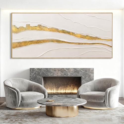 Image of VAYIMDH White and Gold Oil Painting Wall Art Abstract Wall Decor Line Hanging Art 32 inchx70 inch Large Artwork for Living Room Decorative Pictures for Office