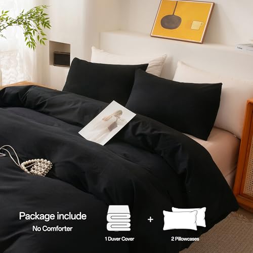 Image of ECOCOTT 3 Pieces Duvet Cover Queen Size 100% Washed Cotton 1 Duvet Cover with Zipper and 2 Pillowcases, Ultra Soft and Easy Care Breathable Cozy Simple Style Bedding Set (Black,Queen)