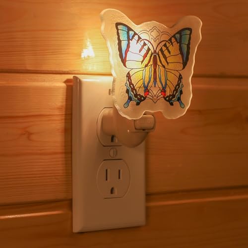 Image of Butterfly Night Light Plug into Wall - Made with Real Glass, Stained Glass Styled Nightlight for Hallway, Nursery, Bedroom, Bathroom, Kitchen, Stairway - Nature Inspired Accent Home Decor-Yellow