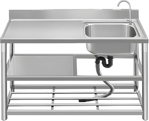 JIESOO Fregadero de cocina independiente de acero inoxidable con banco de trabajo y grifo para garaje, restaurante, camping, patio trasero (cuenco derecho)
