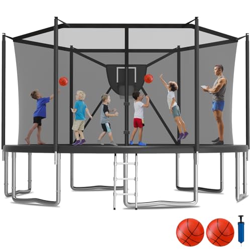 KOFUN 1500LBS 16 14 12 10 FT Tranpoline for Kids and Adults Outdoor Tranpolines with Safety Enclosure Net, Removable Basketball Hoop, Anti-Rust Coating Ladder, 2Pcs Ball+1Pc Pump, ASTM Approved