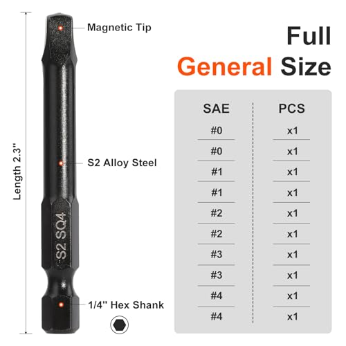 Image of COMOWARE 10pcs Square Bit Set (SQ0-SQ4), S2 Steel 1 /4 inch Hex Bit Set, Tamper-Proof Driver Bits Sets, CNC Tip Magnetic Drill Bitss, 2 inch Length, Impact Hex Bits Sets For Electronic Devices Disassembly