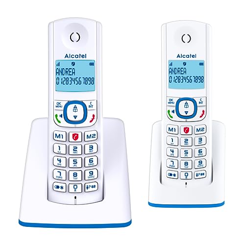Alcatel F530 - Teléfono (Teléfono DECT, Terminal con conexión por cable, Altavoz, 50 entradas, Identificador de llamadas, Azul, Blanco)