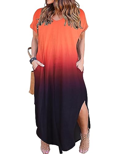 Kancystore Women's Plus Size Dresses Casual Loose Pocket Short Sleeve Slits Plus Size Long Maxi Dress XL-5X