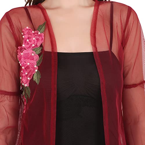 Image of UNFAKENOW Women Floral Embroidered Pearl Embellished Net Shrug