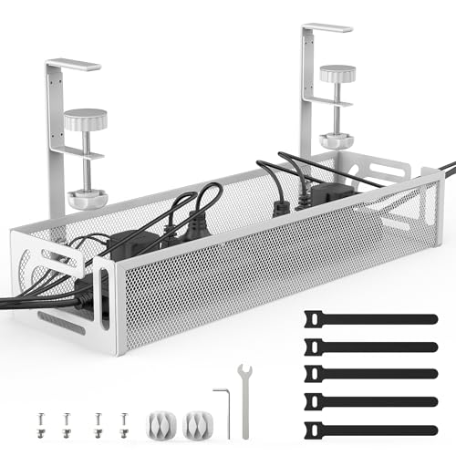 Under Desk Cable Management Tray No Drill Metal Mesh Cable Tray with Clamp for Desk Wire Management Desk Cable Management Box and Cord Organizer for Office Home (White)