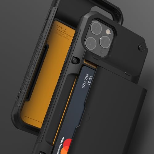 VRS DESIGN Compatible for iPhone 11 Pro Max Case with Card Holder [Damda Glide Pro], Premium Sturdy Semi Auto Card Slot Wallet [4 Cards] Case for iPhone 11 Pro Max 6.5 inch (2019) Logo Black