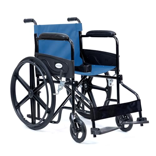 Image of Everactiv Economy Foldable Wheelchair with Heavy-Duty Frame, Strong Crossbar Support, Safety Seat Belt, Wide Padded Seat, Easy Folding Design, 120 kg Capacity | Wheelchair for Old Age Person | Blue Colour