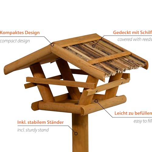 dobar® 48000FSC Vogelfutterhaus inkl. Ständer - Vogelfutterstation aus Holz mit Schilf-Dach - Vogelhaus mit Dreibeinständer - Vogelvilla für Garten/Terrasse/Balkon - 44 x 44 x 101 cm - Natur