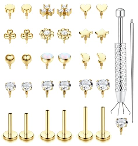 LOLIAS 18G Flat Back Stud Earrings for Women - Hypoallergenic Surgical Steel Nose Studs Internal Thread Piercing Jewelry for Tragus Helix Cartilage Conch 14K Gold Plated Lip Labret Medusa Piercing
