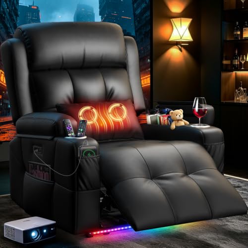 Image of Home Theater Seating, Power Recliner Sofa Chair with Massage & Heat, Wall Hugger Reclining Single Chairs with USB, RV Furniture with LED Lights, Cup Holders for Movie Theater & Gaming Room