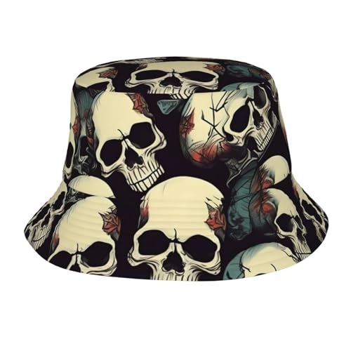Yyoretp Sombrero de pescador plegable con estampado de calavera y esqueleto, para playa, viajes, camping, color negro, Negro, Talla única