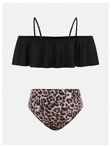 OYOANGLE Girl's Two Piece Swimsuit Cold Shoulder Ruffle Bikini Set Leopard Print Bathing Suits Swimwear3