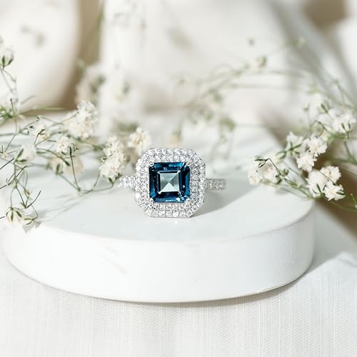 Natural London Blue Topaz 8 mm Asscher Engagement Ring, AAA Quality, Topaz Moissanite Double Halo Ring2