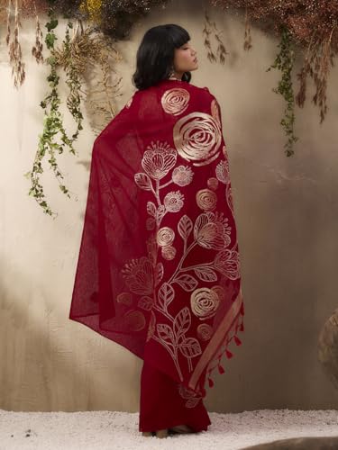 Image of AKHILAM Women's Kanjivaram Pure Silk Floral Printed Saree With Unstitched Blouse Piece