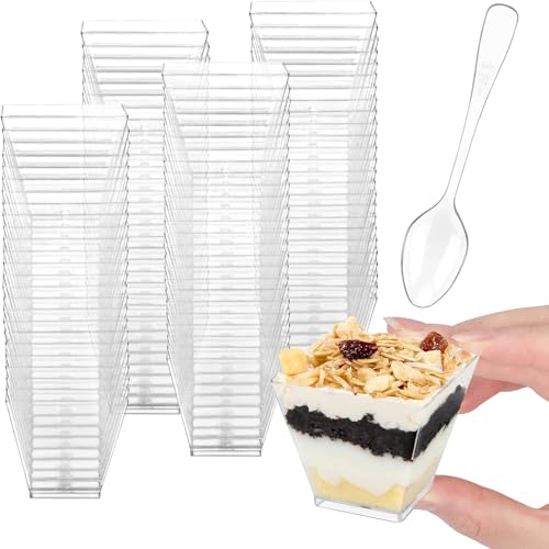 La Mejor Selección de Moldes para mesa de dulces - solo los mejores. 43 TECHVIDA Paquete de 150 Tazas de Postre con Cucharas, 2 Onzas Mini Vasos para Postres de Plástico Transparente, 60ml Tazas de Postre Cuadradas para Degustar Parfait Helados...