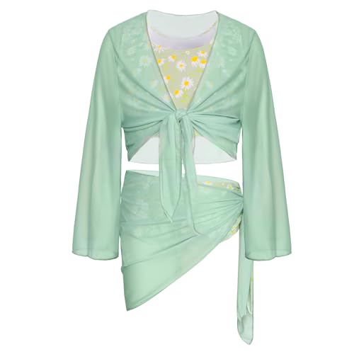 Image of GRACE KARIN Girls Bathing Suit Adjustable Taniki Swimsuit Tie Front 4 Piece Bikini Set with Kimono Cover Up 6-14