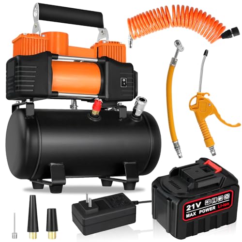 Compresor de aire portátil 3L, 21V batería de litio,Compresor para Pintar con Kit de Soplado(pistola de inflado, 5M manguera espiral y 3 boquillas incluidas)
