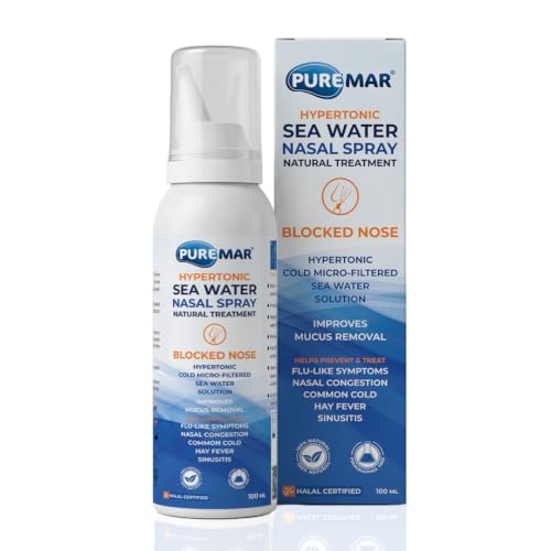 PUREMAR Hypertonic Natural Sea Water Nasal Spray 100ml for Colds Hay Fever & Blocked Nose Relief