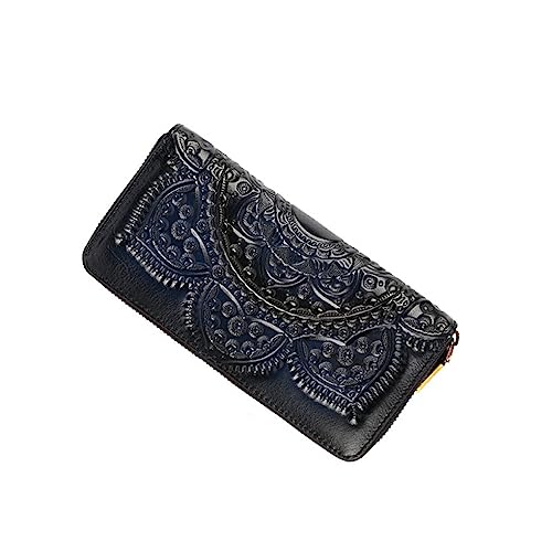 Portefeuille long pour femme en cuir bleu gaufré avec motif fleuri vintage