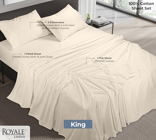 Image of ROYALE LINENS 100% Organic Cotton King Sheet Set - Percale Weave - 4 Pieces Set - 1 Flat, 1 Deep Pocket Fitted Sheet and 2 Pillowcases - Cream Bed Sheets - Sabanas King - Crisp Cool (Cream)