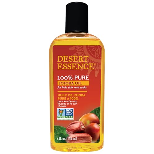 Desert Essence 100% Pure Jojoba Oil – 4 Fl Oz Moisturizer for Hair, Skin & Scalp | Makeup Remover & Aftershave Hydrator, Non-GMO, Vegan, Cold-Pressed, Anti-Flakiness & Non-Clogging Beauty Elixir