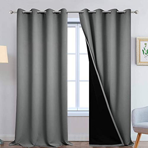 Image of Yakamok Gray 100% Blackout Curtains Energy Saving Thermal Insulated 2 Thick Layers Completely Blackout Drapes with Black Liner for Bedroom (52Wx108L, Grey, 2 Panels)