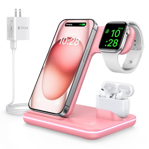 WAITIEE 3-in-1 Wireless Charger, 15W Fast Charging Station for Apple Watch, AirPods, and iPhone (Pink)