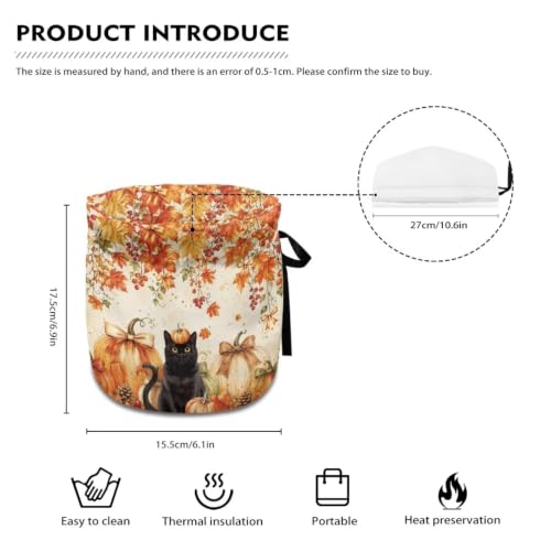 Image of Fall Bow Tea Cozy Cover Insulated Dust Cover for Teapot Black Cat Tea Pot Covers for Keeping Warm Kettle Protector Covers Washable Portable Party Decoration