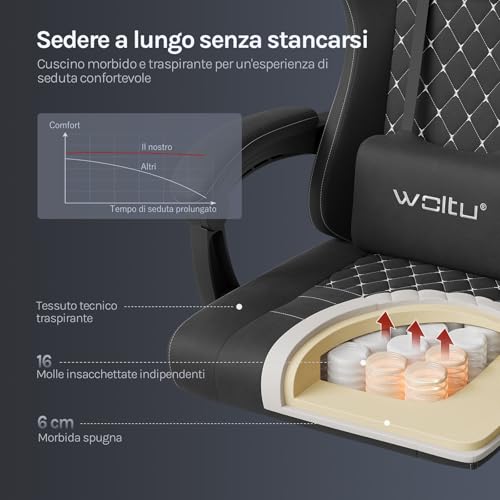 Sedia Gaming con Massaggio, Sedia da Ufficio Ergonomica Girevole Ampia Imbottita per Computer con Cuscino Lombare Massaggiante, Carico 150 Kg, Tessuto Tecnologico, Nero+Bianco - Sedia gaming - Immagine 3