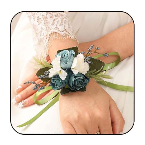 CASDRE Bride Wedding Wrist Corsage Bridal Hand Flower With Ribbon Corsage Wristlet Wedding Accessories for Women and Girls (Blue)