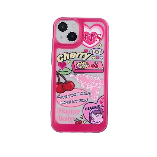 YWYUHE Cartoon Phone Case Compatible with iPhone 13, Sweet Retro Pop Cherry Rose Red Love Heart Water Gun Case, Korean Hot Girl Illustration Phone Cover for Women Girls