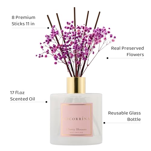 Image of COCORRINA Reed Diffuser - Cherry Blossom 17 Fl.oz Reed Diffuser with 8 Sticks Scented Diffuser with Preserved Flowers for Bathroom Home Decor
