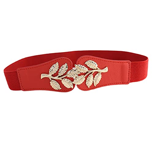 Skinny Belts for Women ,golden leaves Belts Fashion Dress Belts Stretch Women Waist Belts Plus Size Elastic Waist Band for Dresses.(Red), 65x4cm