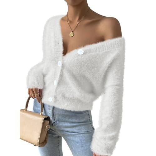 Pink Queen Women's Furry Cropped Cardigan Batwing Sleeves Open Front V-Neck Button Down Loose Casual Knit Sweater Coat X-Large White