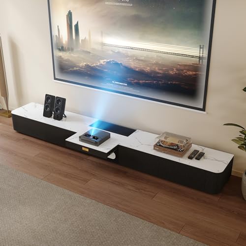 POVISON TV Schrank modern Fernsehtisch 200cm für Projektor, TV-Möbel aus gesinterter Stein mit Schubladen für Heimkino, MDF in Eichenfurnier, schwarz und weiß