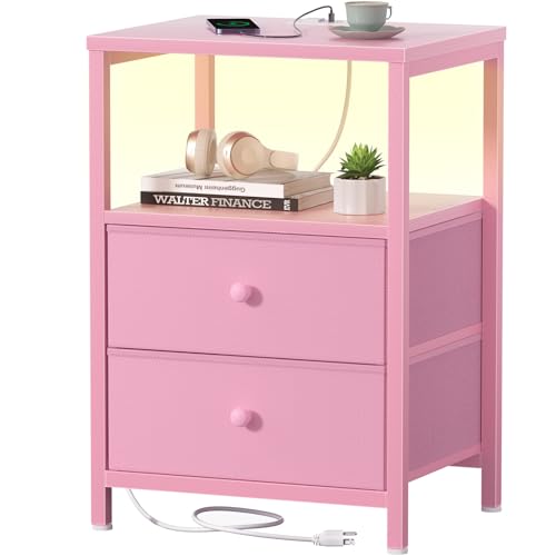BOLUO Pink Nightstand with Charging Station LED Night Stand with 2 Fabric Drawers Bedside Table with USB Ports and Outlets Nightstand for Bedroom Modern
