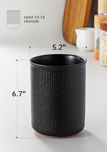 Image of LoeJan Utensil Holder, Extra Large Utensil Crock, Stable Ceramic Utensil Organizer, Cooking Tool Organizer Set for Kitchen Counter Farmhouse Decor, Textured Black