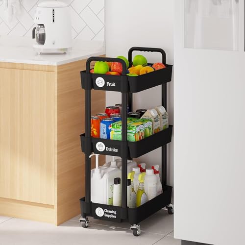 Image of KRISHYAM 3 Tier Metal Rolling Cart with Wheels, Rolling Utility Cart Storage Organizer with Hooks, Easy Assemble for Kitchen, Bathroom, Living Room, Office, Nursery, Garage (3-Layer Square)