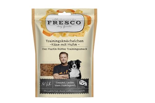 Fresco Trainingsknöchelchen Käse & Geflügel | 4er Pack | 4 x 150 g | Ergänzungsfuttermittel für Hunde | Natürlicher Proteinsnack aus Käse und Huhn | In Knöchelchen-Form