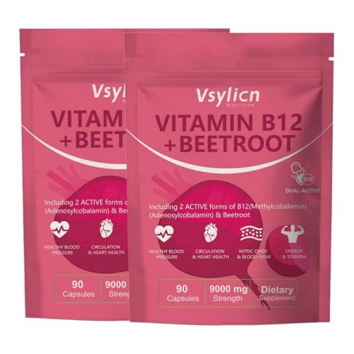 Beetroot & Vitamin B12 Complex – 18000mg Beetroot + 2000mcg Dual B12 (Methylcobalamin & Adenosylcobalamin) – Nitric Oxide Boost - Energy & Immune Support – 180 Capsules (2 Packs)