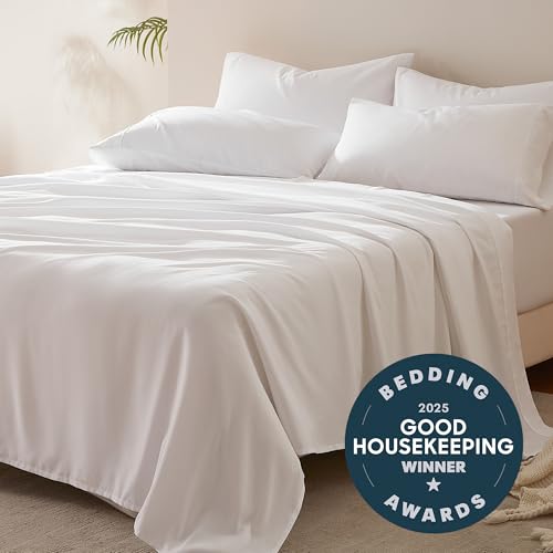 SLEEP ZONE Nanotex Super Soft Cooling Queen Bed Sheets Set 4 Piece - Easy Care Fitted Flat Sheet & Pillowcase Sets - Wrinkle Free, Fade Resistant, Deep Pocket 16" (White, Queen)