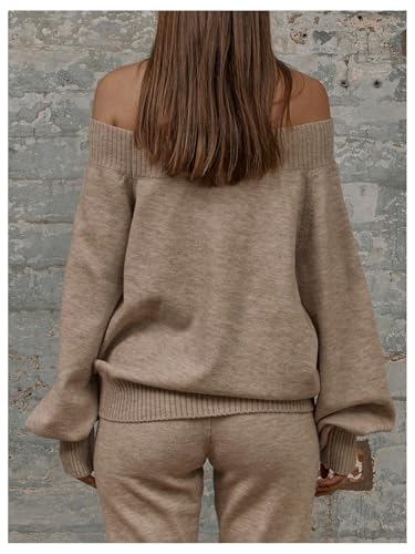 Women's Off The Shoulder Sweaters Bishop Sleeve Cuffed Hem Jumper Pullovers Knit Tops3