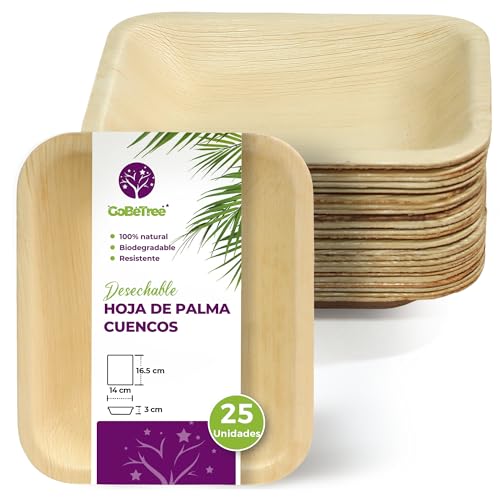 GoBeTree Cuencos Rectangulares de Hoja de Palma 16,5x14 cm, ecológicos, resistentes y elegantes para barbacoas, picnic, cumpleaños y eventos. Alternativa perfecta al bambú.