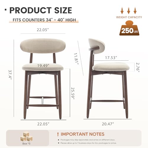 Image of MALOL Counter Height Bar Stools Set of 6, Kitchen Bar Stools with Back, Mid Century Modern Upholstered Barstools with Wood Legs for Kitchen Island Dining Room, Beige