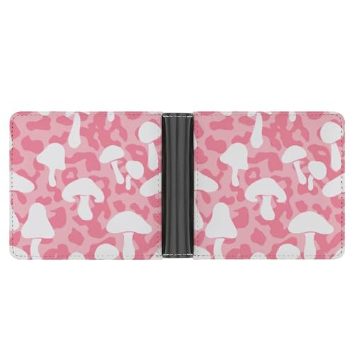 White Mushroom on Pink Leopard Soft PU Leather Bifold Wallet, Coin Purse Credit Pass Case, Durable Card-Holder Slim Billfold for Men Woman Money Storage3