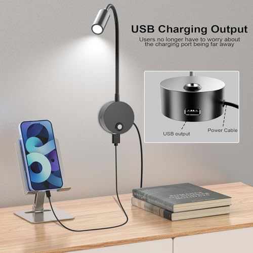 Image of ERAY Wall Mounted LED Reading Light with Remote Control, Dimmable Book Light with USB Charging Port & 15 inch Flexible Gooseneck, Plug in Headboard Bed Lights, 3 Colors Temperature, Touch Control-1 Pack